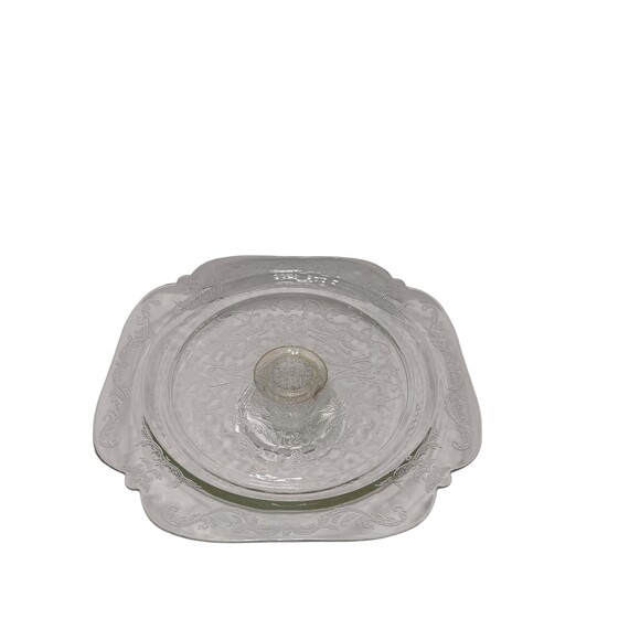 Vintage Depression Glass Cake Stand Clear Etched Square Pedestal Plate, 1930s - Picture 5 of 7